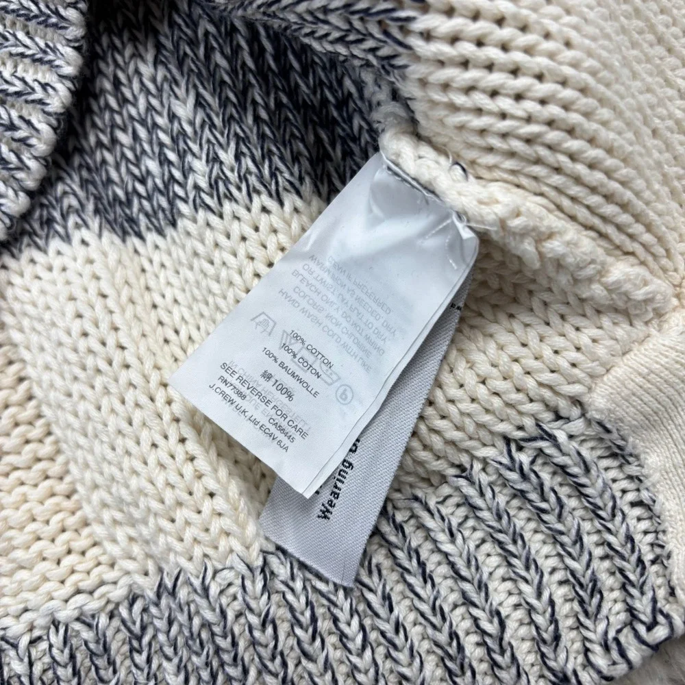 J.Crew Women's L White Navy Marled Chunky Cable Knit Sweater 100% Cotton Preppy